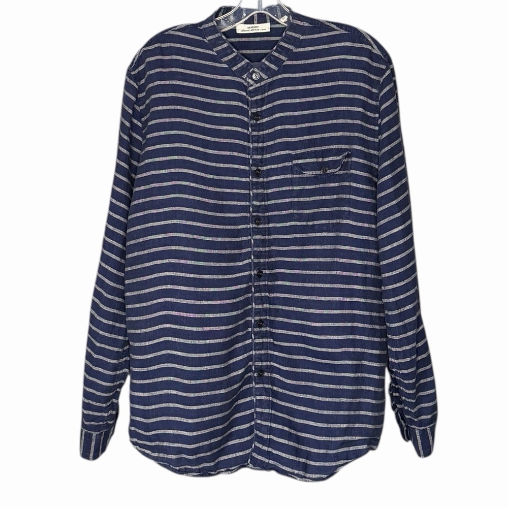 Murano Men XL Baird McNutt Linen Long Sleeve Band Collar Button Down Blue Stripe